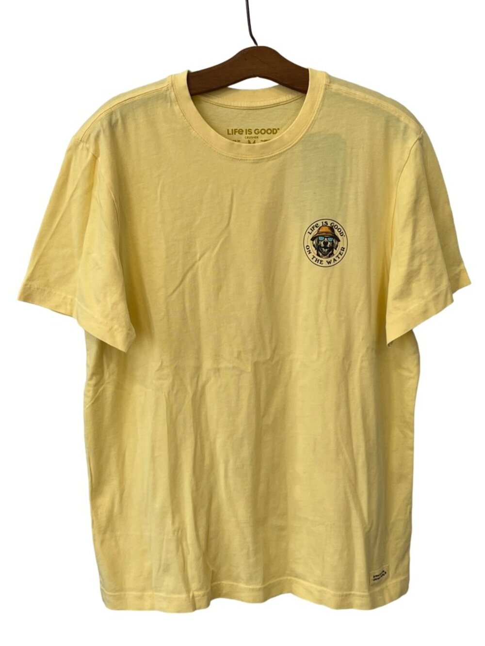 Life is Good Crusher Tee Medium Fineline On The Water Dog Print Shirt Yellow NEW